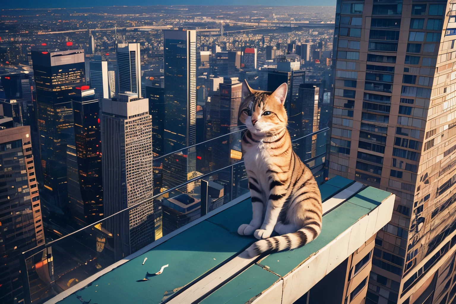 ((Masterpiece, top quality, high resolution)), ((highly detailed CG unified 8K wallpaper)), arafed cat sitting on a ledge above a city at night, cat attacking tokyo, perched on a skyscraper, cyberpunk cat, planet of the cats, giant cat monster, with a city in the background, city in the background, towering over a city, acrophobia, bird's eye view, neko, very very surreal, bird eye view,