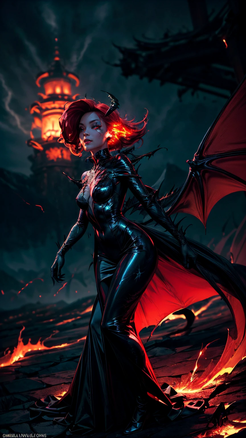 Storyboard, masterpiece, highest quality, dragonlady queen, perfect demoness, long legs, hourglass fugure, bright red glowing eyes, detailed eyes (1.4), scars on face, villainous expression, flaming skin body with bioluminescent glowing pattern, ready for battle, blurred stormy background, dark atmosphere, lighting in background,full body,