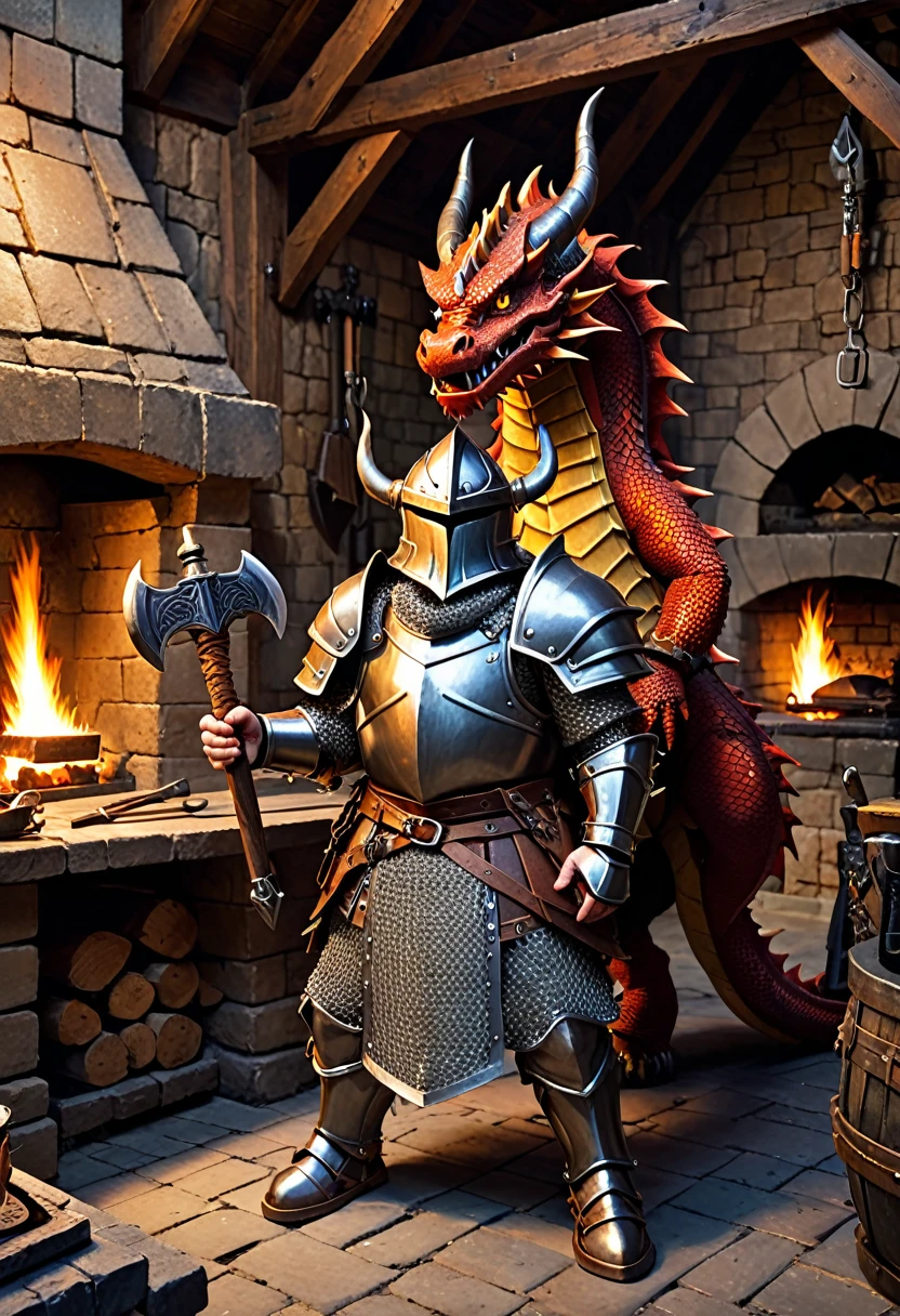 dwarf with heavy chainmail armor. he is holding a hammer. he is standing in a forge with a fireplace. on a table ther is a dragon-helmet. a crossbow is hanging on the wall.