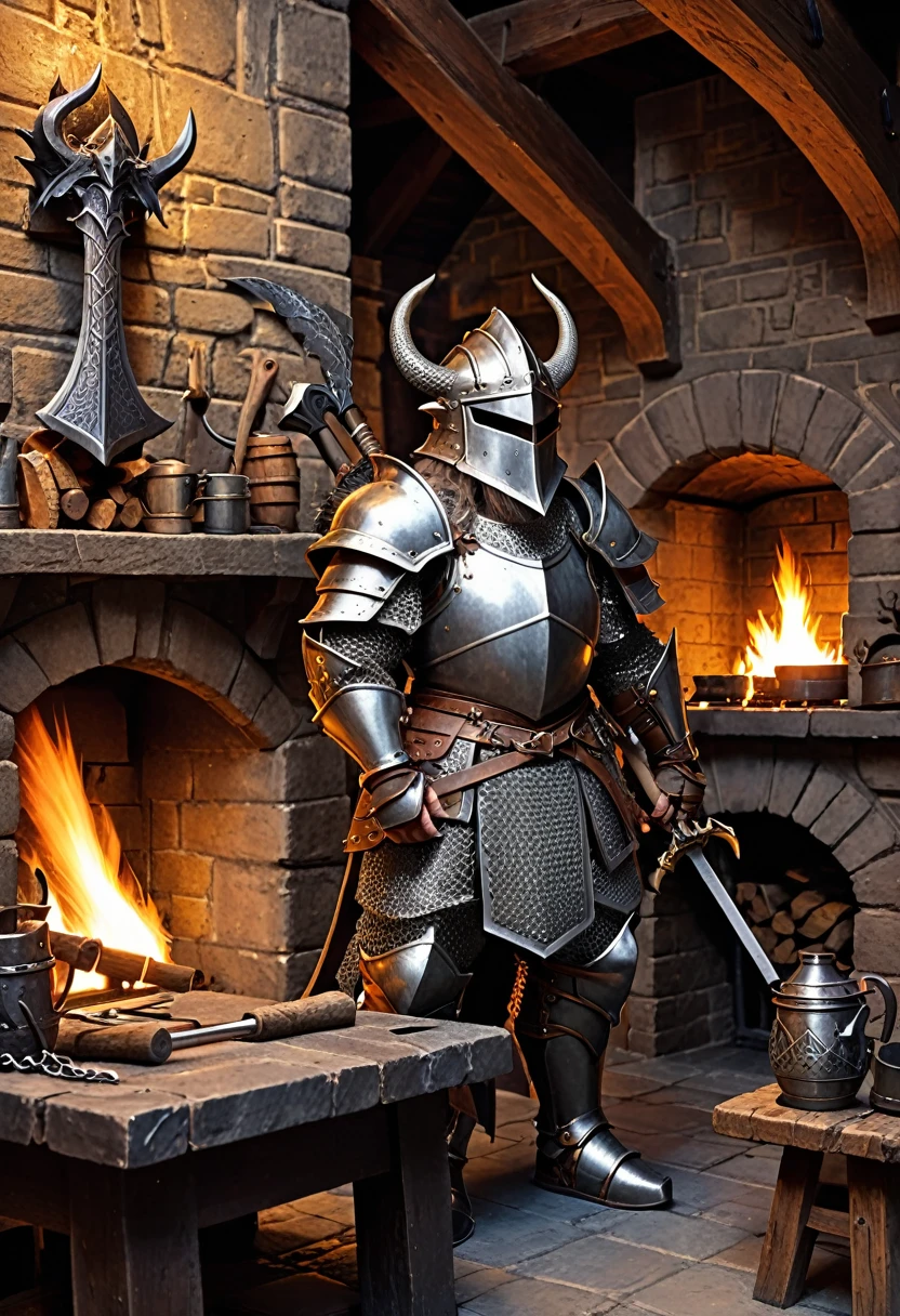dwarf with heavy chainmail armor. he is holding a hammer. he is standing in a forge with a fireplace. on a table ther is a dragon-helmet. a crossbow is hanging on the wall.