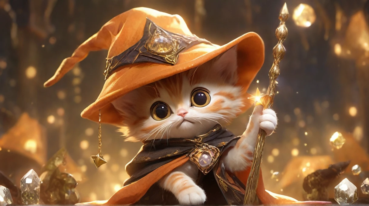 A cute orange kitten with big eyes dressed as a fantasy character1Animals. This little wizard lives in a fantasy world, The cute animals also have wizard crystals. . The stage of this play is fantastic., A dreamlike world . Tarot cards are scattered all around、It's a magical world (Photorealism, Realistic, 8k)