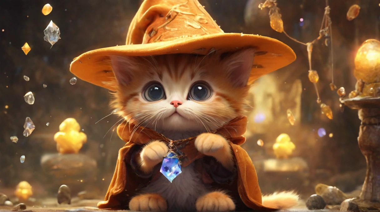 A cute orange kitten with big eyes dressed as a fantasy character１Animals. This little wizard lives in a fantasy world, The cute animals also have wizard crystals. . The stage of this play is fantastic., A dreamlike world . Tarot cards are scattered all around、It&#39;s a magical world (Photorealism, Realistic, 8k)