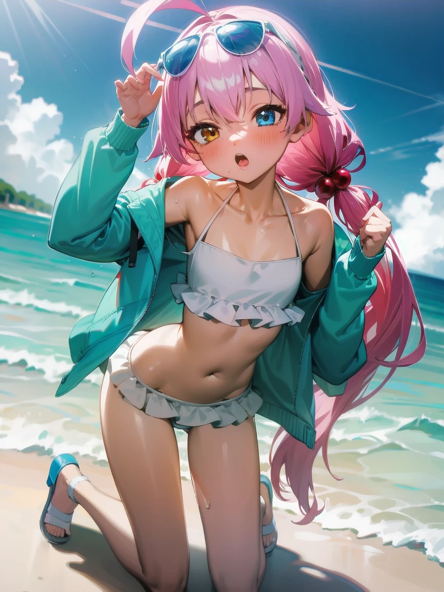 Yellow eyes, Pink Hair, Ahog, Bikini, Ruffles, Open clothes, Off-shoulder,  open jacket, ocean, low Double tail, sunglasses, Hair shaking,  Heterochromia, Halo, white Bikini, sandals, Double tail, very Long hair, Collarbone looks better, jacket, swimsuit, blue jacket, Long hair, Bangs, blue eyes, Hair accessories, Long sleeve, Umbilical cord, Hair between the eyes, 裸Off-shoulder膀, Wearing glasses on head, frilled Bikini, White-framed glasses, Hoshino \(Blue Files\),HoshinoSS,1 Girl,Solitary,Extremely detailed CG unity 8k wallpaper,((beautiful)),(high quality),a very delicate and beautiful,((masterpiece)),(Extremely detailed CG unity 8k wallpaper,masterpiece, best quality, Extremely detailed, beautiful detailed eyes:1.2),obesity，Fat belly，Flesh