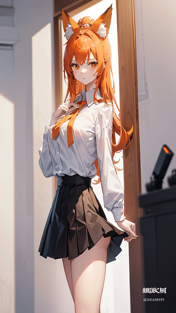 Standing full-length photo in anime style of a cute 20-year-old girl with long orange hair, fox ears. large, delicate body and large bust, wearing sexy clothes, a loose white blouse, a slim orange tie, a short black skirt, white socks and black shoes. white image background.