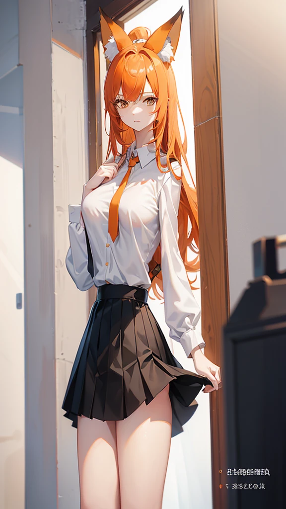 Standing full-length photo in anime style of a cute 20-year-old girl with long orange hair, fox ears. large, delicate body and large bust, wearing sexy  clothes, a loose white blouse, a slim orange tie, a short black skirt, white socks and black shoes. white image background.