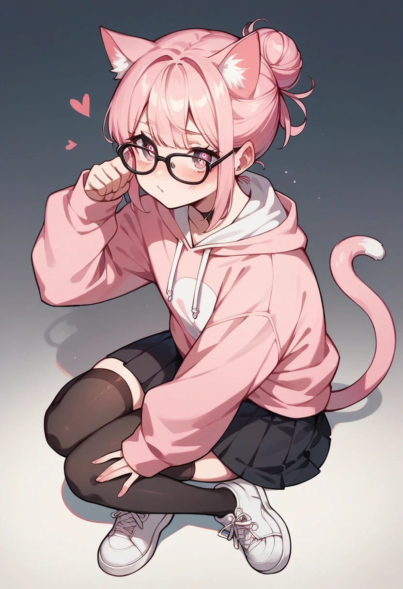 I have white pink hair, cat ears, a bun, my face is super blushing, black glasses, pink heart eyes, a big pink sweatshirt, a black skirt, black stockings, white shoes, a cat's tail, a girl. Very shy
