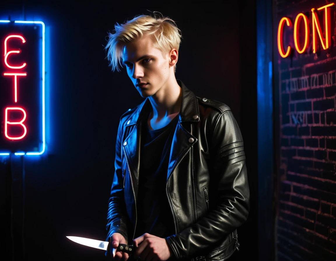 Photorealistic, dark vibes, solo, young man, 22 years, pale skin, model (skinny:1.3), (short messy blond hair:1.5), (black leather jacket:1.3), holding knife, dark lighting, foreboding, sexy, (neon sign that says:"CONTEXT":1.4), night club setting, BDSM background