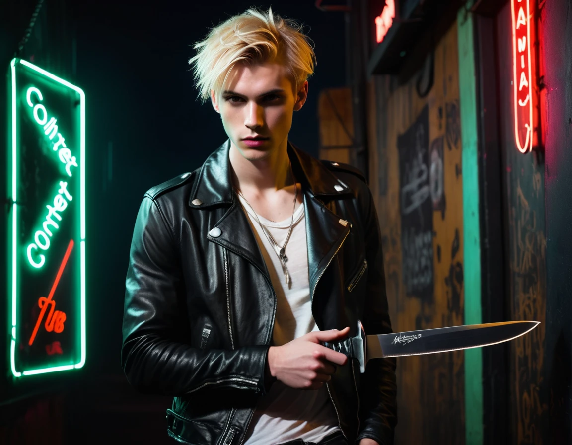 Photorealistic, dark vibes, solo, young man, 22 years, pale skin, model (skinny:1.3), (short messy blond hair:1.5), (black leather jacket:1.3), holding knife, dark lighting, foreboding, sexy, (neon sign that says:"CONTEXT":1.4), night club setting, BDSM background