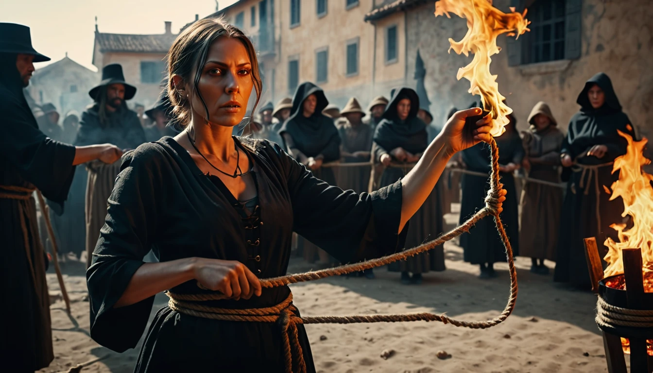 Woman accused of witchcraft being burned at the stake, hands tied with a rope, guilty of bringing the plague upon the city, cinematic background, hyperrealisti, ultra detailed hyperrealisti, photorrealistic, studio lighting, Reflections, dynamic pose, cinematic, Historical accuracy, color grading, fot, Shot with a 50mm lens, ultra-wide angle, Depth of field, 超detailded, beautifully color-graded, 8k
