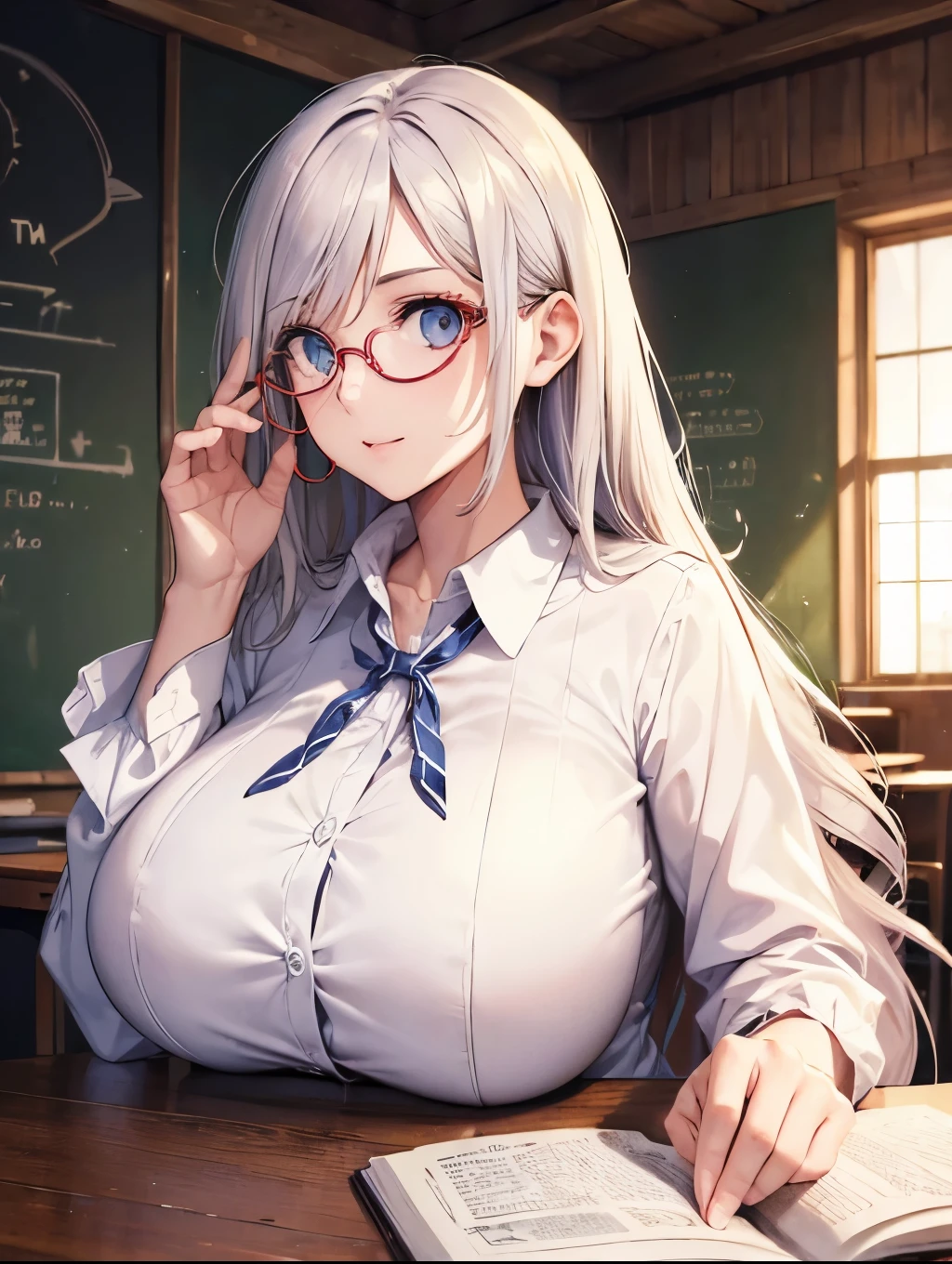 (gigantic eyeglasses:1.3),middle  woman alive,white blouse strange teacher,american,massive upperbody fashion model,look back,funny ghost house school,morning road story,anime art