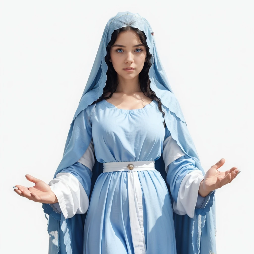 Beautiful woman with light blue eyes, curly black hair, wearing a blue tunic with wide, long sleeves adjusted at the waist by a white sash. Wear a thick white veil. She has open arms. Beautiful female hands
