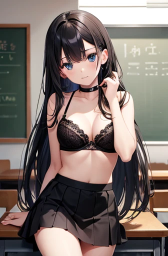 Highest quality, girl, High resolution,classroom、black lace bra、Black Skirt、Straight hair、17 years old