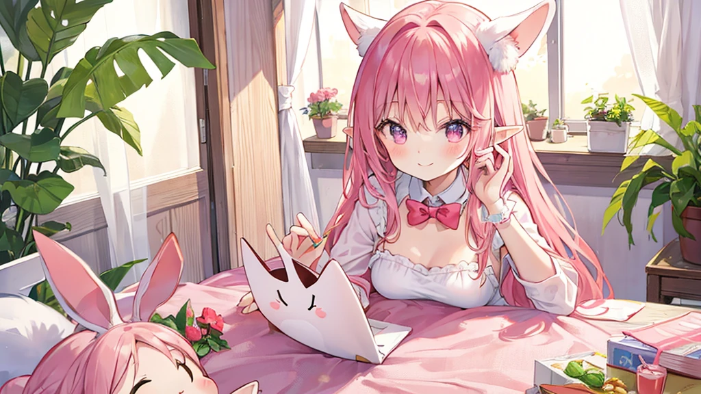 Rabbit Mimi、Chibi Elf Pink Room、Relaxing in a cute room、smile