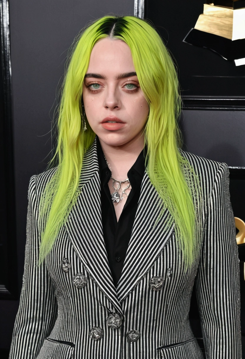 Billie Eilish is known for her unique and authentic style. She has expressive eyes often accentuated by artistic makeup that enhances her penetrating gaze. Her hair is characterized by varied tones, often seen in vibrant green or silver, complementing her distinctive image.
For the specific outfit described, a black striped low-cut suit is a choice that aligns with Billie's bold aesthetic. The neckline elegantly highlights her chest without compromising the characteristic attitude of her public image.