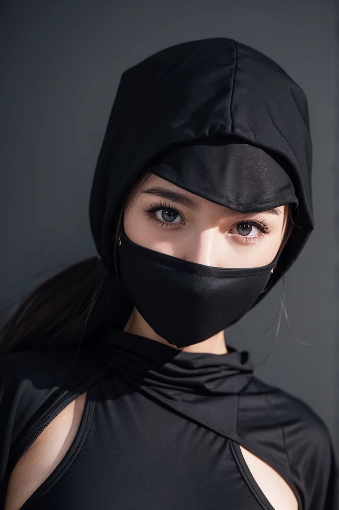 Full photo of a female ninja in black clothing and a black hood