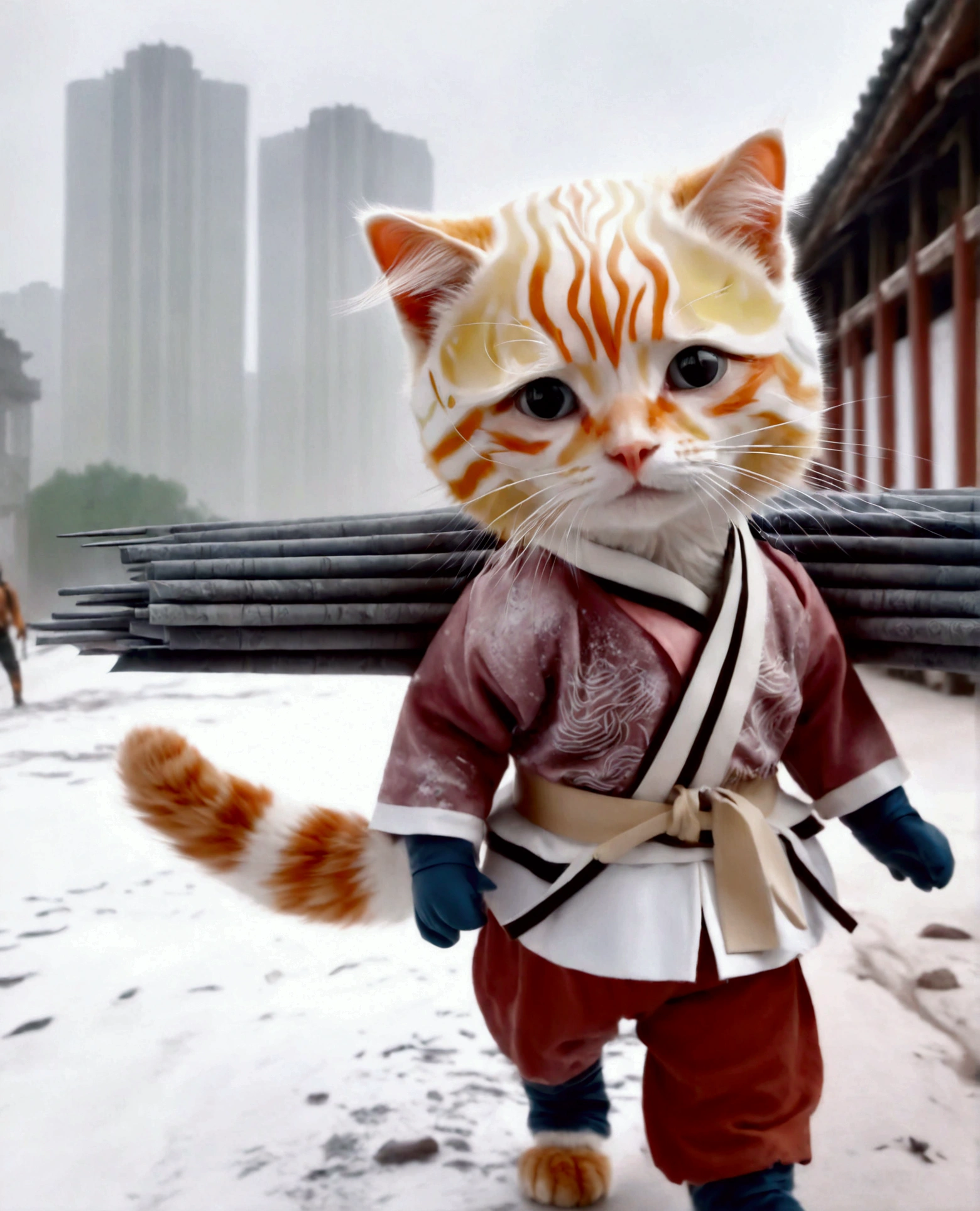 Anthropomorphic little white cat,Delicate facial features,Wearing Chinese martial arts uniform,Walking on the street with Chinese-style buildings,Vision,The background is beautiful mountains,HD texture,