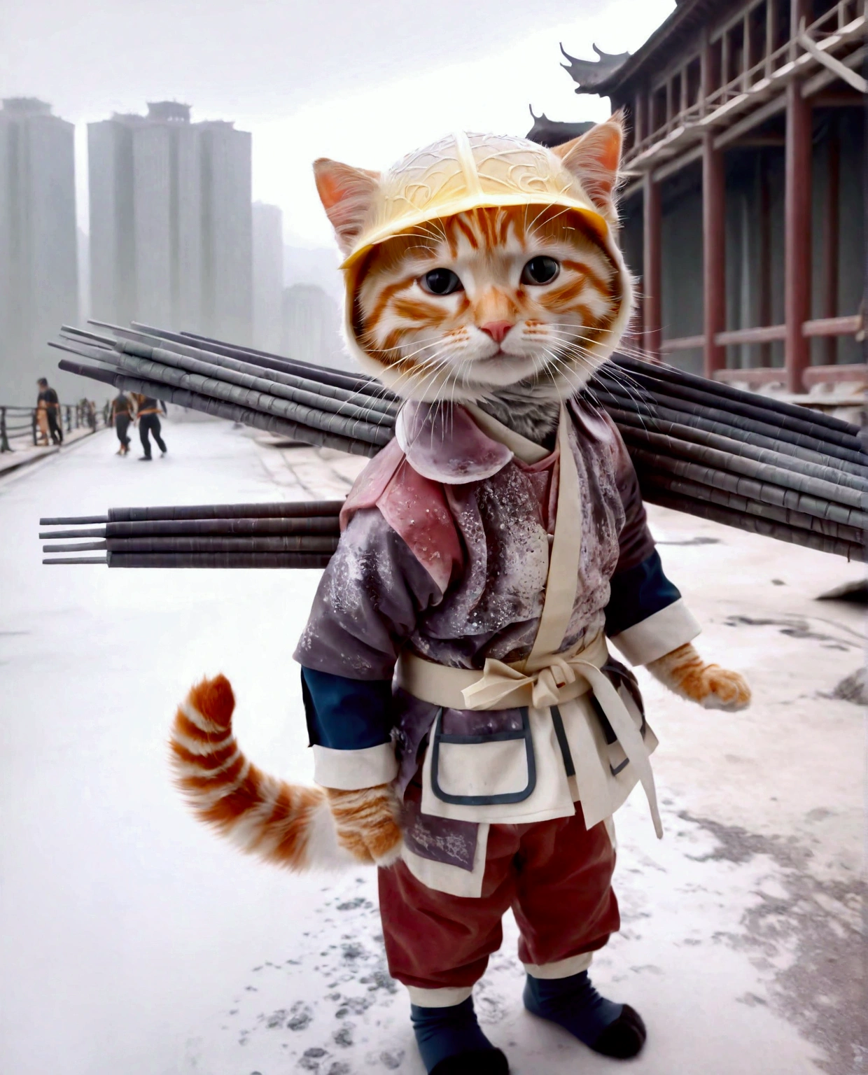 Anthropomorphic little white cat，Delicate facial features，Wearing Chinese martial arts uniform，Walking on the street with Chinese-style buildings，Vision，The background is beautiful mountains，HD texture，