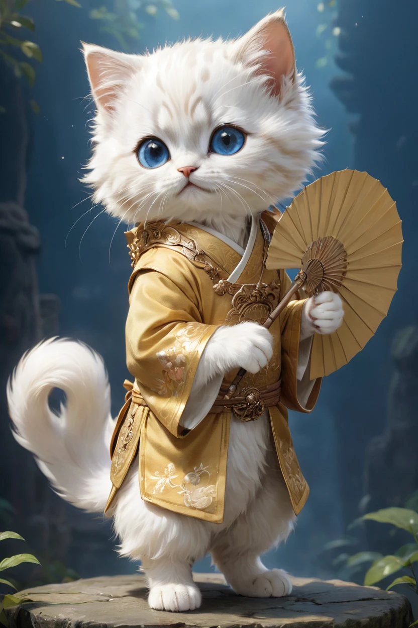 small, かわいいto be bornき物, Wearing golden Chinese clothing, Holding a fan, whole body, Are standing, Costumes, Fantasy art, Exquisite detail, Jean-Baptiste Monge Style, Alan Lee Style, Anthropomorphic blue-eyed white furry kitten, Movie Scenes, Dramatic shot angles, , Realistic, to be born々Incredible cinematic photorealism, Action Portrait, 8k, detailed, Full Frame, The background is the fairy kingdom,