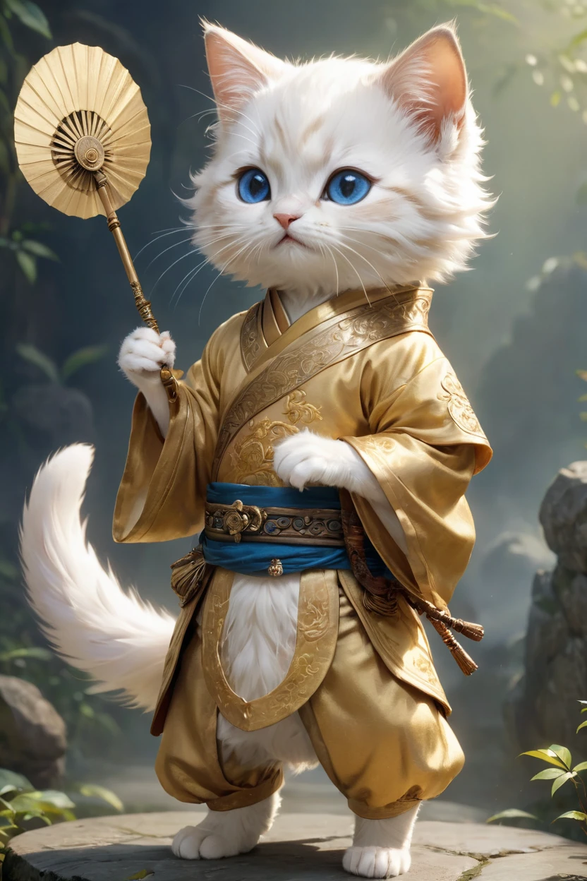 small, かわいいto be bornき物, Wearing golden Chinese clothing, Holding a fan, whole body, Are standing, Costumes, Fantasy art, Exquisite detail, Jean-Baptiste Monge Style, Alan Lee Style, Anthropomorphic blue-eyed white furry kitten, Movie Scenes, Dramatic shot angles, , Realistic, to be born々Incredible cinematic photorealism, Action Portrait, 8k, detailed, Full Frame, The background is the fairy kingdom,