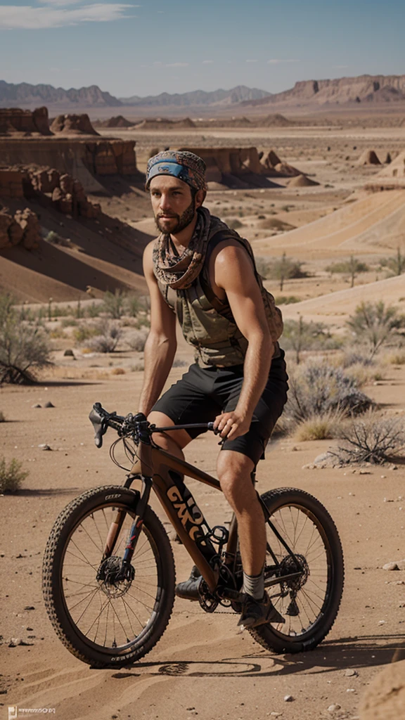 Create a pattern for a bandana with desert colors and bikepacking elements, in basic illustration