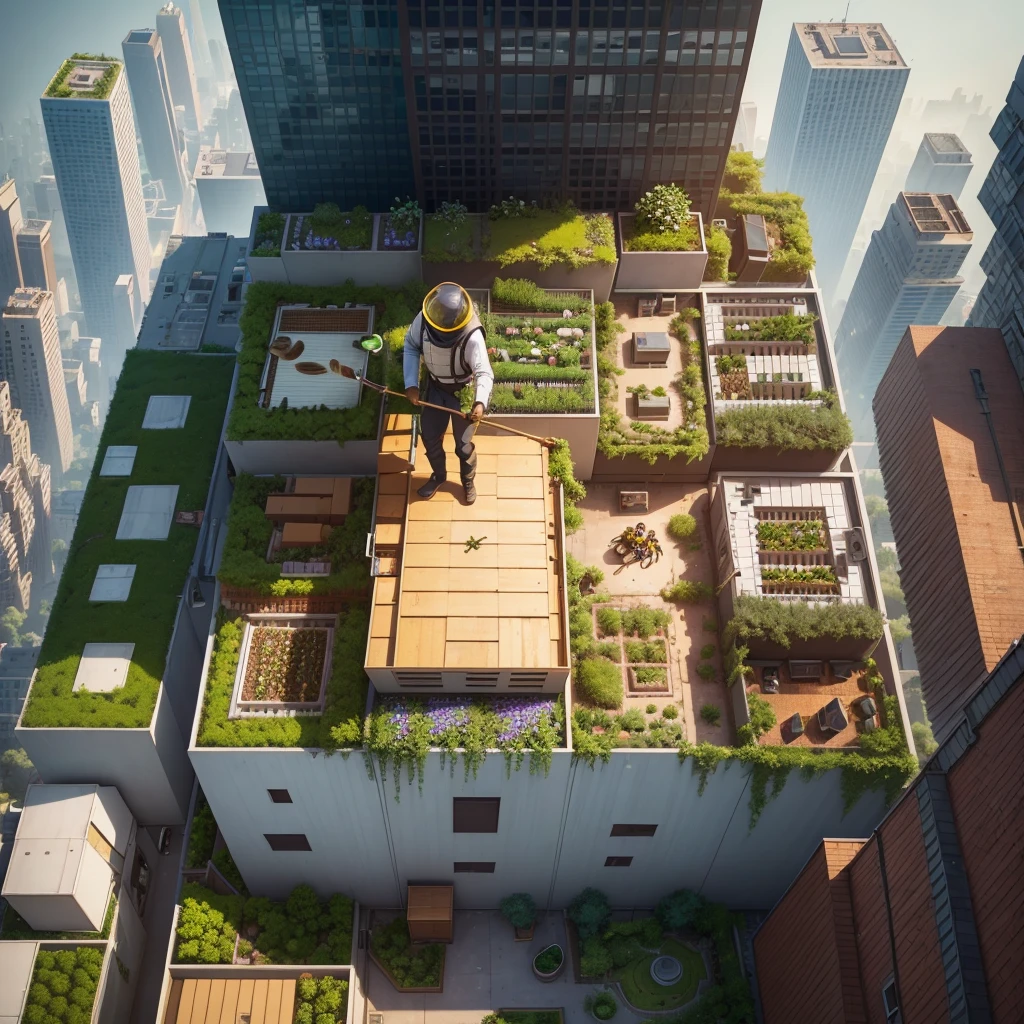 a young enthusiastic beekeeper tending to his beehives in an urban setting, vertical gardening and rooftop gardens on every building, drone aerial view, photorealistic, cinematic lighting, vibrant colors, lush greenery, detailed architecture, clean composition, symmetry