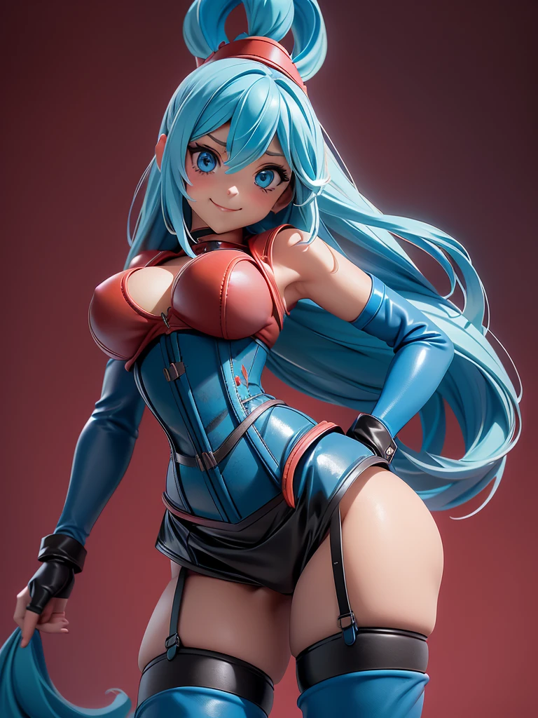 Aqua Konosuba, female, Blue long hair, blue eyes, (((1 girl))), (((red leather corset))), (black opera fingerless gloves), (black thigh high high heel boots), (black leather panties), cute and sexy, whole body, Big breasts, big ass, Long legs, smiling