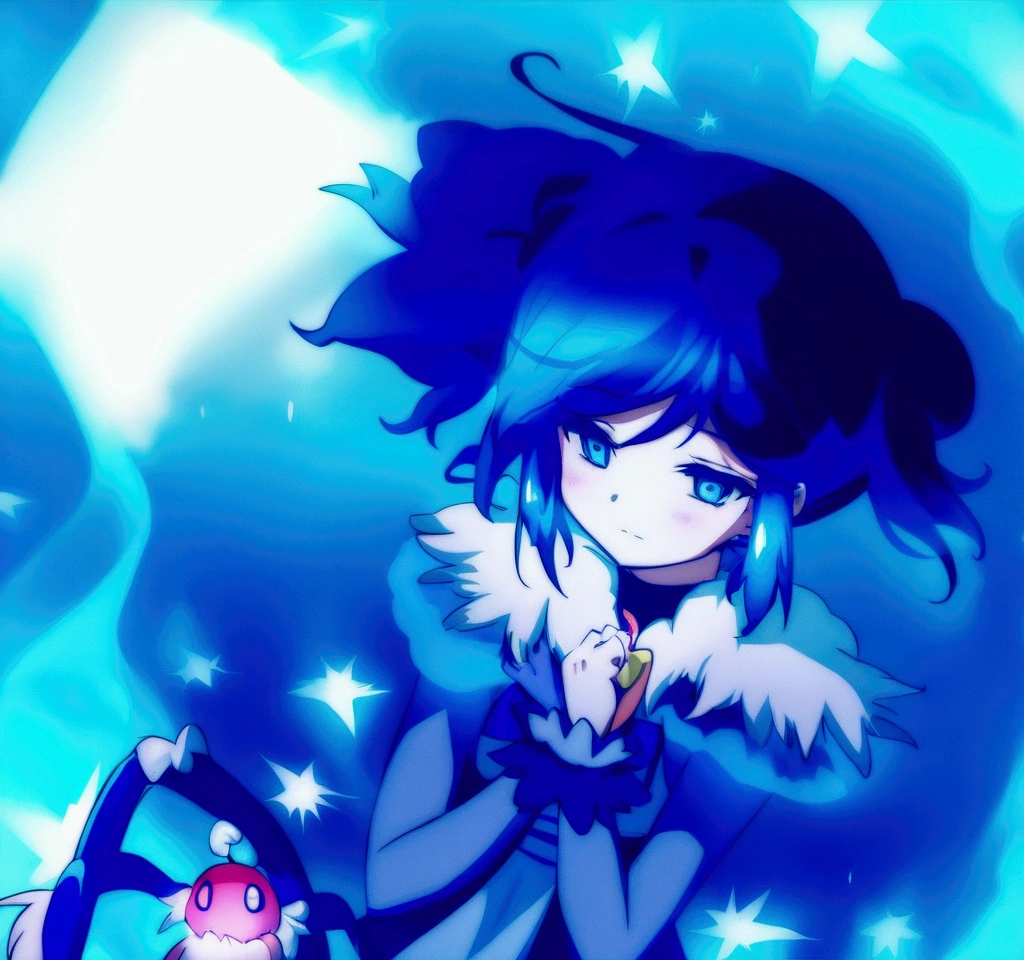 Anime girl with blue hair and blue dress, blue aura, from toho, ulcer toho, ulcer, ulcer from toho, toho character, an anime portrait of ulcer, toho, dreamy psychedelic anime, magical girl anime Mahou Shojo, Fubuki, an aura of magic around her, black-haired magician