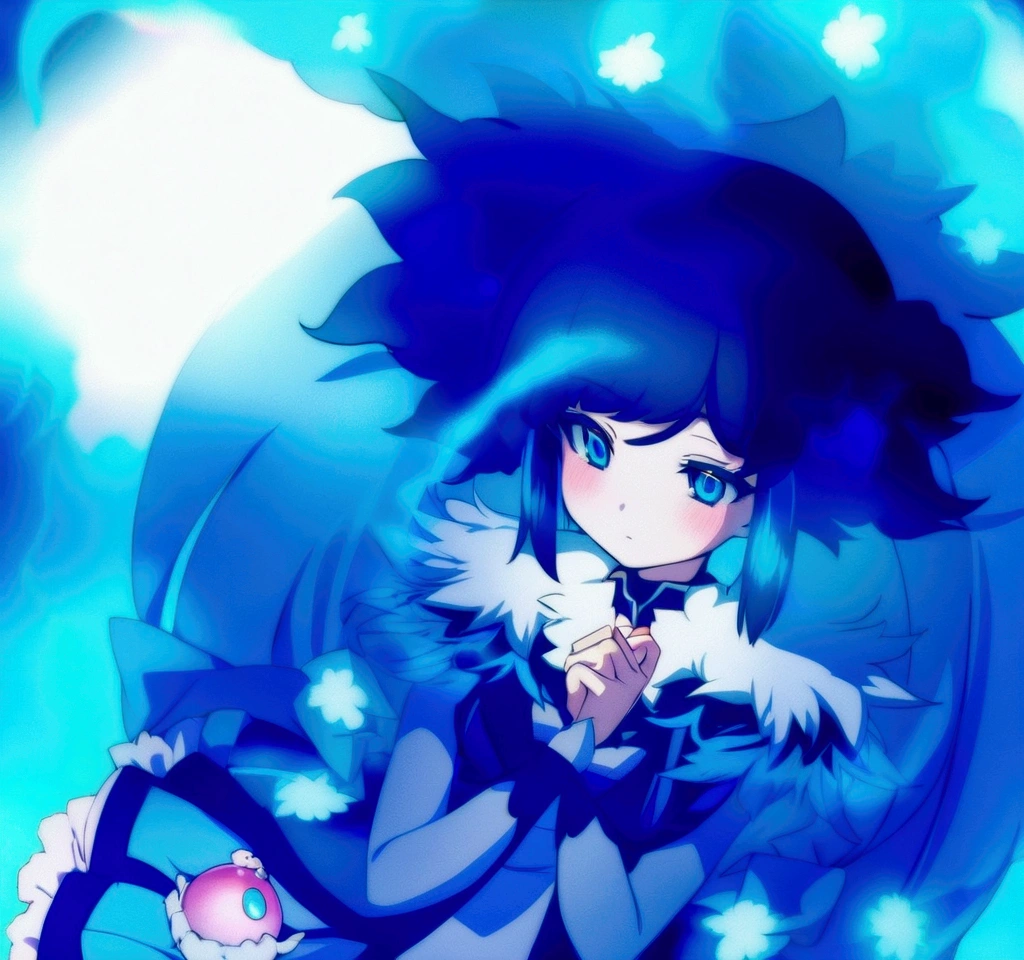 Anime girl with blue hair and blue dress, blue aura, from toho, ulcer toho, ulcer, ulcer from toho, toho character, an anime portrait of ulcer, toho, dreamy psychedelic anime, magical girl anime Mahou Shojo, Fubuki, an aura of magic around her, black-haired magician