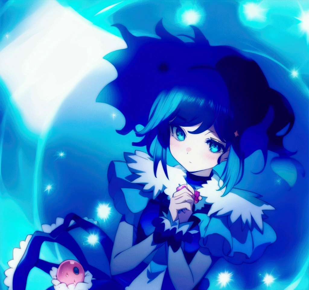 Anime girl with blue hair and blue dress, blue aura, from toho, ulcer toho, ulcer, ulcer from toho, toho character, an anime portrait of ulcer, toho, dreamy psychedelic anime, magical girl anime Mahou Shojo, Fubuki, an aura of magic around her, black-haired magician