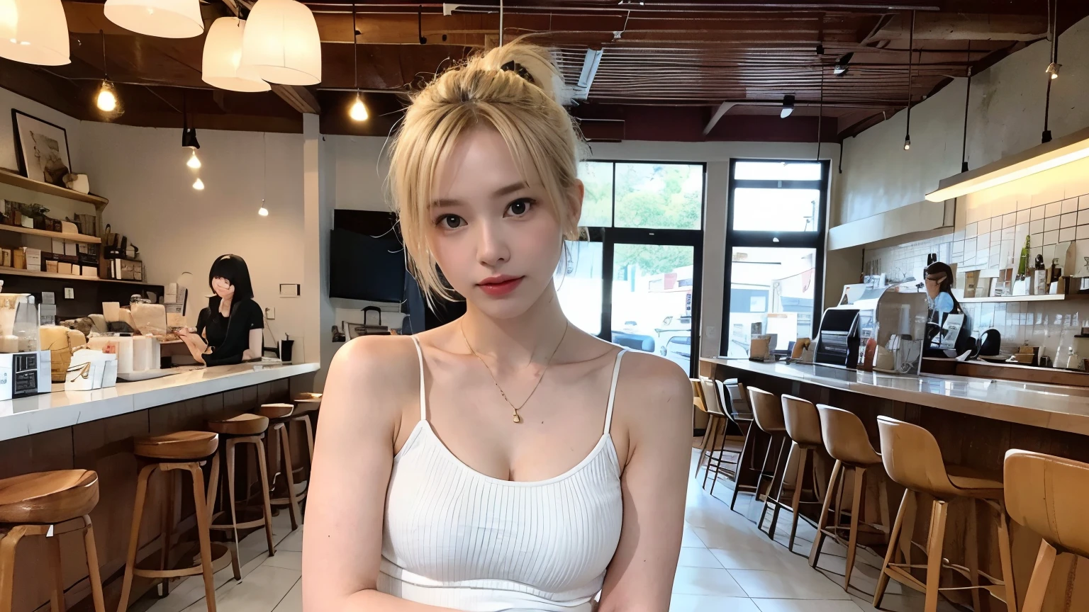 super high quality, Slenderのネックレス, Slender, Gravure photoshoot, The staff is working at the counter in the back., (8k、RAW Photos、Highest quality、masterpiece:1.2), Stylish café, (Realistic、Photorealistic:1.37), Beautiful Face , Urban Cafe, Golden Ratio, Raw photo, Small breasts, Bright cafe interior, Blurred Background, Famous actress, Blonde hair, Summer clothes, Photographed inside the cafe, Neat clothes, ponytail, Very Short Hair, Cool older sister, Stylish clothes, 
