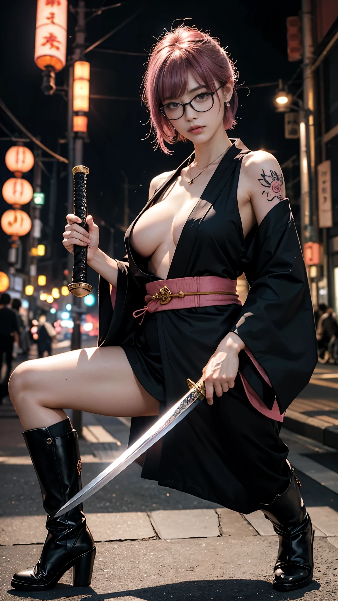 Cute Japanese woman, (), (very cute face: 1.3), red lips, white moist skin, mole, (black-rimmed glasses: 1.3)
BREAK,
Feminine body with high athletic ability, Female fitness model body, Feminine body with hard tones, (muscles: 1.2), (beautiful belly button),
BREAK,
Fighter, Kung Fu fighter, Idol, (Yakuza), (Yakuza),
BREAK,
(Wearing a cute black kimono: 1.3), (Kimono with a lot of exposure), (Stiletto heels, black long boots 1.3), necklace, very large earrings, short length,
BREAK,
Short hair, (Short bob hair), (Bangs: 1.2), (Pink hair: 1.3), (Wavy hair),
BREAK,
(Very large Japanese sword: 1.4), (Holding the handle of a Japanese sword: 1.3), (Fighting: 1.2), (Getting into a fighting stance), (Beautiful Japanese sword blade: 1.2)
BREAK,
(Japanese tattoo: 1.4),
BREAK,
Masterpiece, Perfect lighting, Ultra high resolution, 8K, (Highly detailed: 1.4), (From the front), Looking at the camera, Melancholic expression,
BREAK,
(Tokyo Tower: 1.2), Japan Tokyo Tower background, (Neon lights: 1.2)