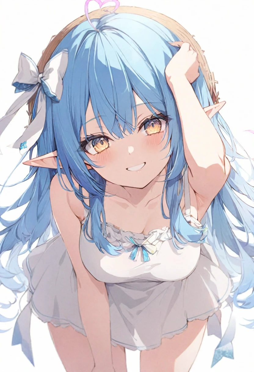 (muste piece), (best quality), (score_9, score_8_up, score_7_up), very detailed eyes, expressive eyes, perfect face, very detailed face, highly detailed face, beautiful girl, 8K, beautiful girl, white background, delicate and beautiful face and eyes, dark intense shadow,
1 girl, vtuber style, cool girl, hololive, Yukihana Lamy, Elf ears, blue hair, heart ahoge, white sundress, sleeveless dress, suspender dress, dress bow, bent over, armpit, one hand on head , big chest, cropped shoulders, clavicle, charm smile, blush, (full body), straw hat, naked thighs, sandals, standing,