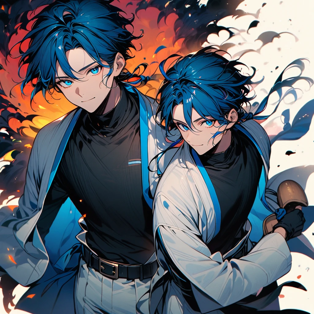 (well done:1) man, vibrant blue hair with two buns on each side of the head with some loose strands that fall around the face, blue eyes, white haori closed, black shirt, black belt tied around the waist, white pants, wooden clog.