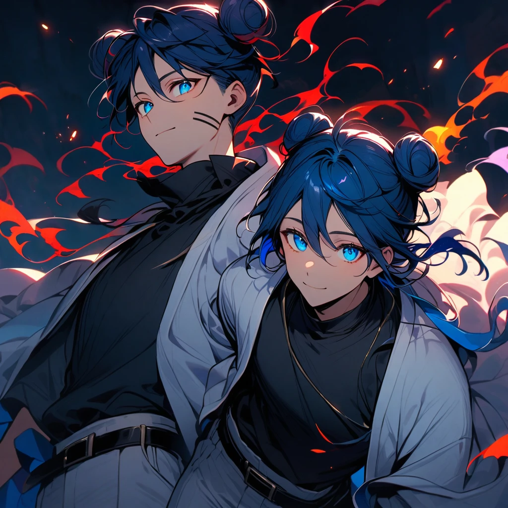 (well done:1) man, vibrant blue hair with two buns on each side of the head with some loose strands that fall around the face, blue eyes, white haori closed, black shirt, black belt tied around the waist, white pants, wooden clog.