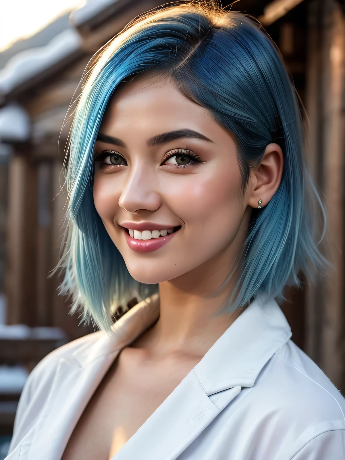 (blue hair:1.4), short hair, realistic green eyes, cobalt hair, long bob hair, tousled hair, shoulder length hair, Full body, woman with white skin and Asian features, 24 year old, big breast. She has a small, elegant nose with a slight upward curve at the tip. Her lips are full and naturally pink, with a well-defined Cupid's bow. Her teeth are straight and white, enhancing her captivating smile. Her face has an oval shape with high cheekbones that add to her model-like appearance. highly detailed glowing eyes, specular light, extreme quality, crystal clear, cute face, detailed skin pores, oil Dark skin, brown, complex eye details, 8K, (realistic:1.3), finely detailed, quality, rembrandt lighting, (masterpiece:1.2), (photorealistic:1.2), (best quality), (detailed skin:1.3), (intricate details), dramatic, ray tracing, 1girl, detailed skin texture, (blush:0.5), (goosebumps:0.5), subsurface scattering, smiling, winterjacket, ski pants, (bright sunny day, snow mountain, alpine slopes, snow)
, (short hair:1.2), (short hair:1.3), (short hair:1)