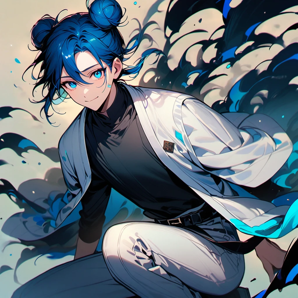 (well done:1) man, vibrant blue hair with two buns on each side of the head with some loose strands that fall around the face, blue eyes, white haori closed, black shirt, black belt tied around the waist, white pants, wooden clog.