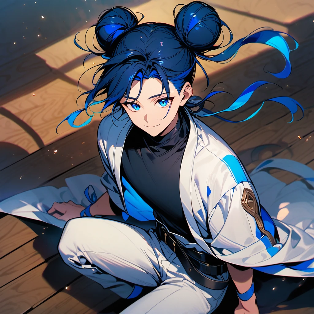 (well done:1) man, vibrant blue hair with two buns on each side of the head with some loose strands that fall around the face, blue eyes, white haori closed, black shirt, black belt tied around the waist, white pants, wooden clog.