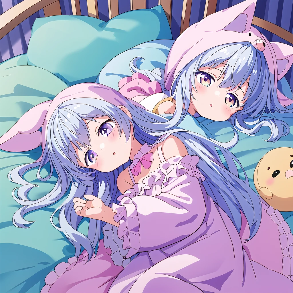 fluffy、Loose、A heartwarming world、masterpiece, Highest quality,Super detailed, One girl, From above,Little,,Sleep,,Animal costumes,Sleeping on the bed、pastel colour、