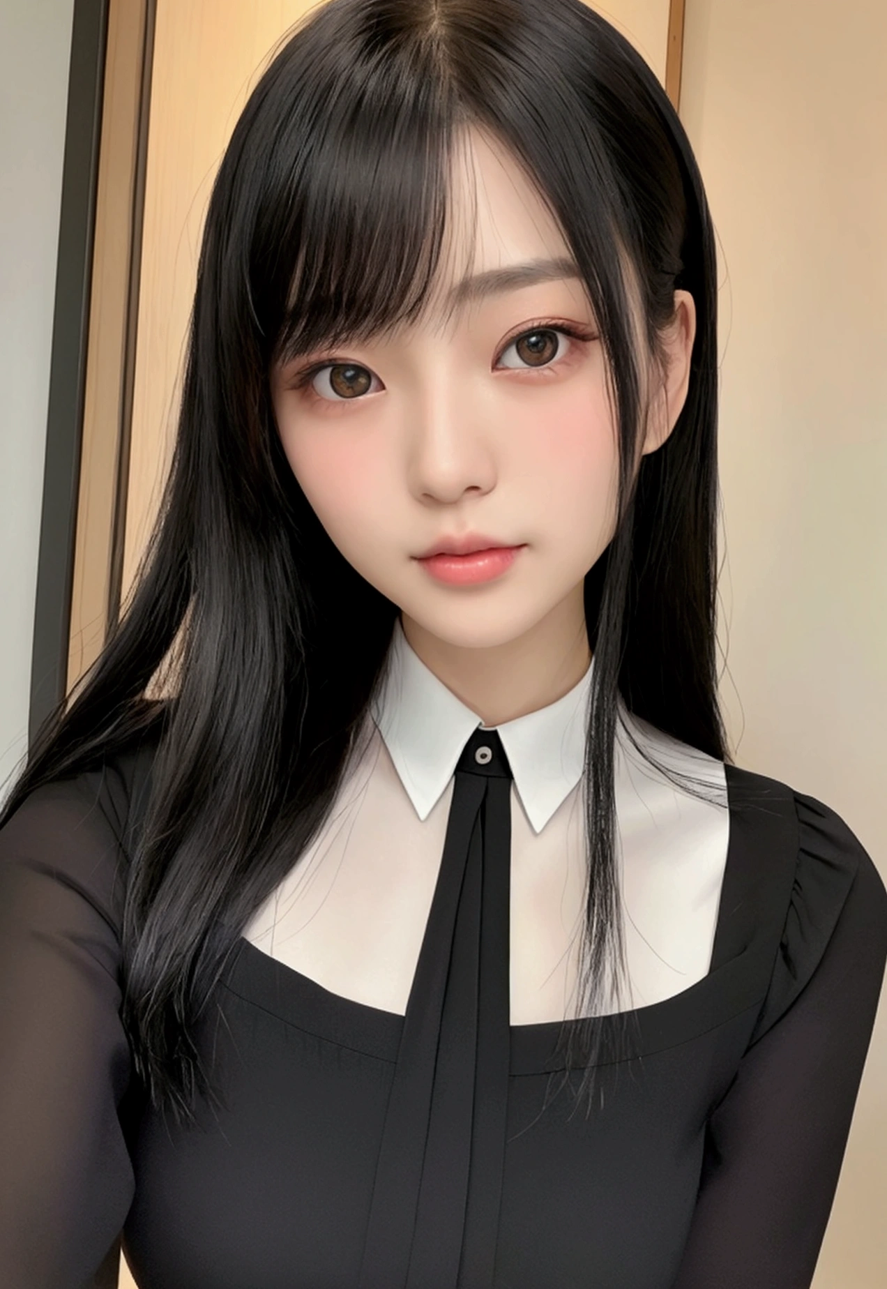 (28 years old,Beautiful Japanese,Round face、Seems kind、Iris、 ,(Black Hair),(Medium Long Hair),high quality、masterpiece:1.2,(Genuine、photo Genuine:1.4),break,blouse,I have a big gift