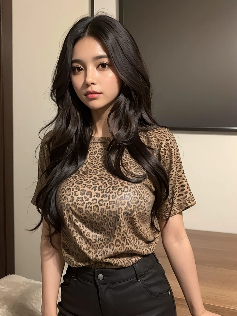 dark brown skin, latin face. Medium long hair with waves, layered and with fluffy volume, black color. Light brown color, big cheeks, slim, animal print shirt and black shorts