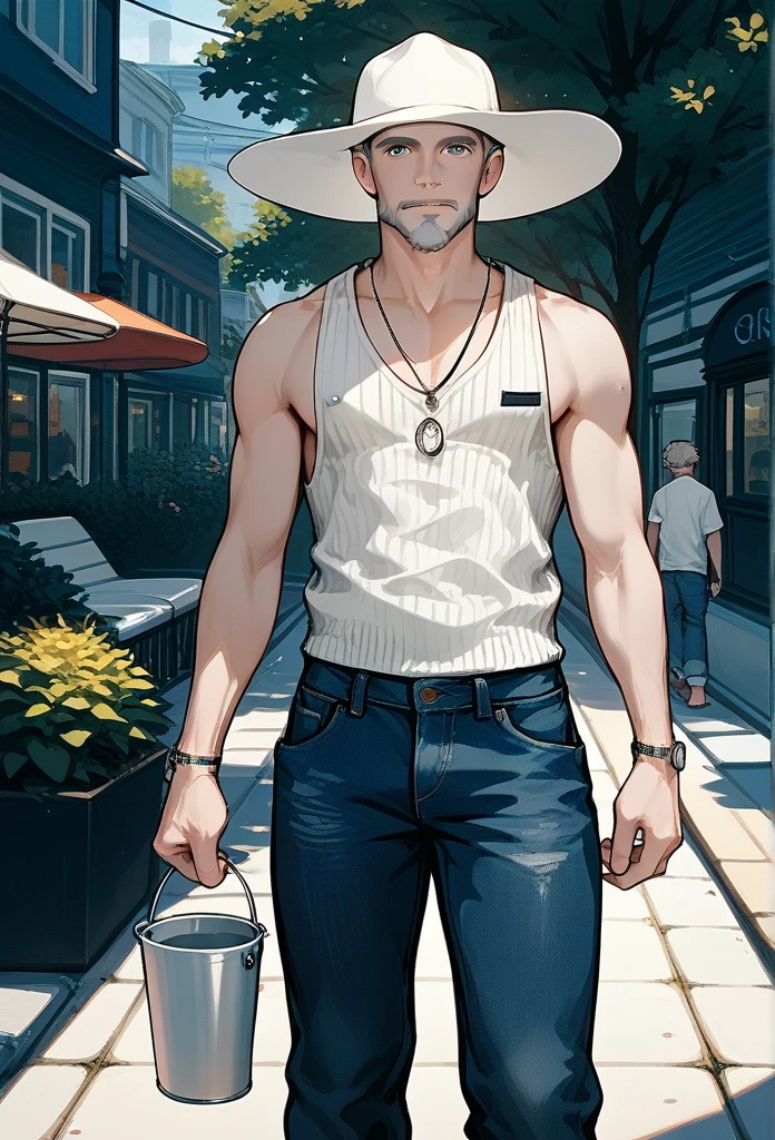 masterpiece, best quality, male, mature male, white bucket hat, unseen eyes, gray hair, gray beard, tank top, cardigan, baggy jeans, sidewalk, front view