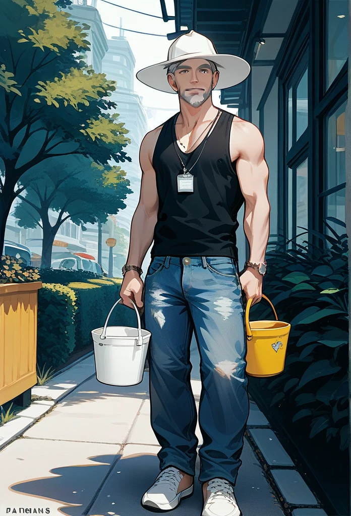 masterpiece, best quality, male, mature male, white bucket hat, unseen eyes, gray hair, gray beard, tank top, cardigan, baggy jeans, sidewalk, front view