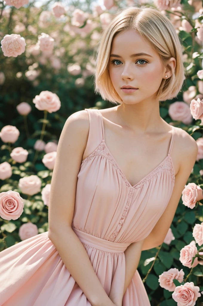 8k, raw photo, fujifilm, Style photography of a beautiful young girl like Avril in a light pink rose garden. (very detailed skin: 1.2) Style-Petal BREAK short hair, blonde hair with colored highlights, wearing a dress, film grain, 35mm, beautiful style