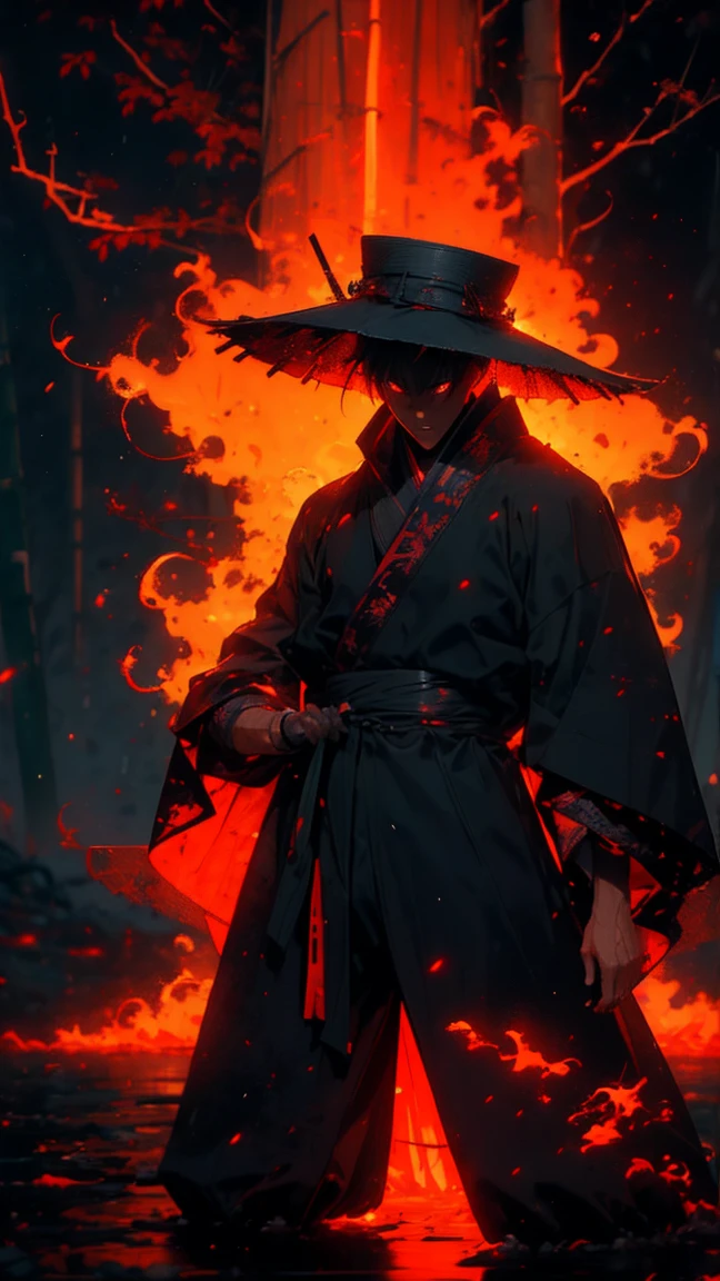 (Best quality, ultra detailed), dark, wet, artificial raindrops falling,a close up of a ancient Japanese warrior standing in the rain, traditional Japanese bamboo hat (kasa), dense forest landscape, majestic and serene nature, full moon shining in the sky nocturnal, black kimono with fluorescent red stripes that glow in the moonlight.