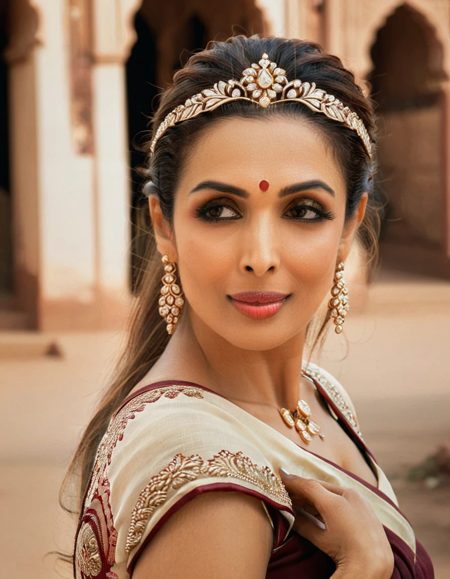 MalaikaArora,portrait, city,close up of a Elderly buxom (Girl:1.2) , Tiara, near Gwalior Fort, deep focus, L USM, CineColor, 8K, Concept Art World