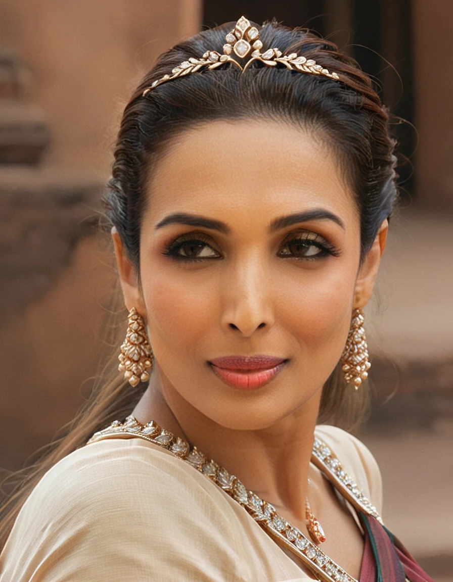 MalaikaArora,portrait, city,close up of a Elderly buxom (Girl:1.2) , Tiara, near Gwalior Fort, deep focus, L USM, CineColor, 8K, Concept Art World