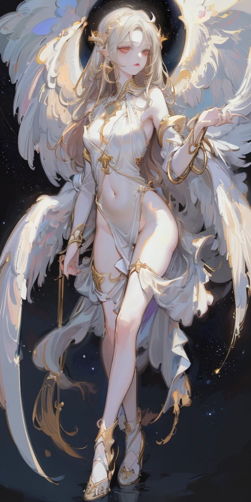 Designed by nty, 1 girl, (((8K, RAW photos, best quality, masterpiece: 1.4))), (((angelic woman))), ultra high resolution, Super detailed, light, Close-up cleavage, beautiful girl, red eyes, (delicate eyes, eyes are very bright:1.2), gray medium length hair, angelic, Pale complexion, Ear piercing, White clothes, Meticulous clothes, gold accessories on clothes, (perfect anatomy:1.2), High quality shadows, natural lighting, (White highlights:1.2), night, cloudy day, (angel wings:1.2), (starry sky:1.2)