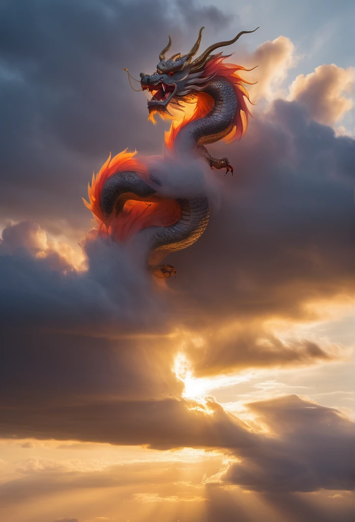 Cloud that looks like a Chinese Dragon illuminated by the rays of the setting sun