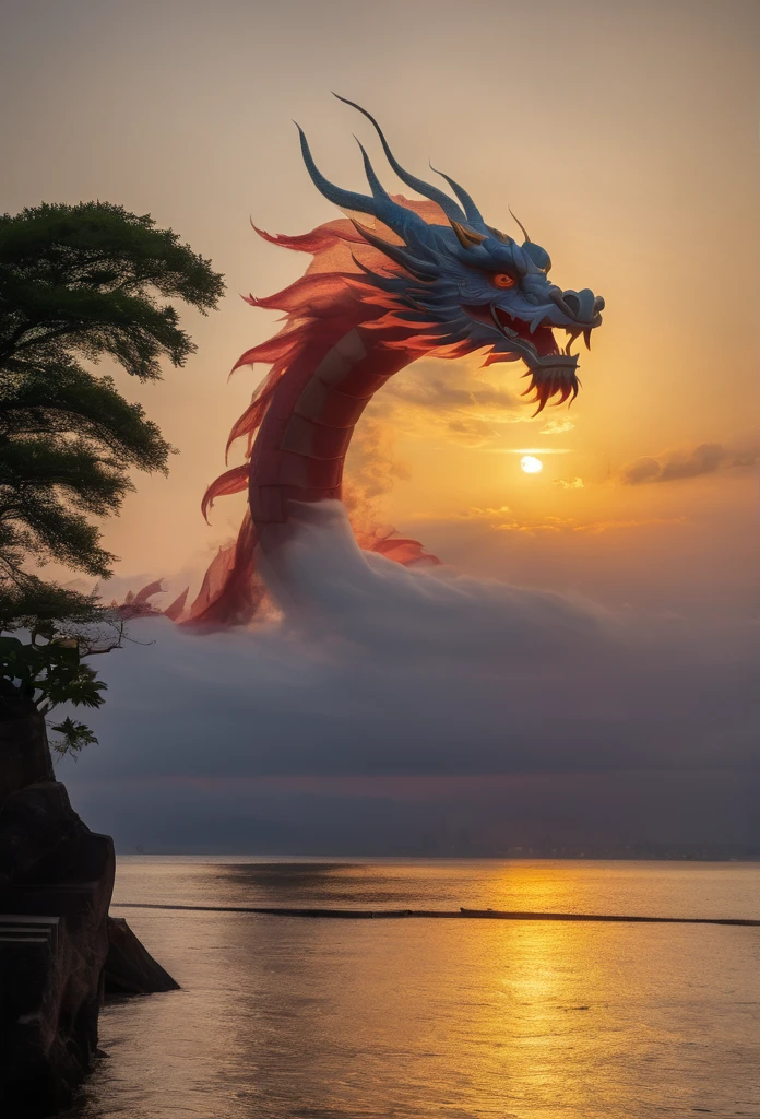 Cloud that looks like a Chinese Dragon illuminated by the rays of the setting sun