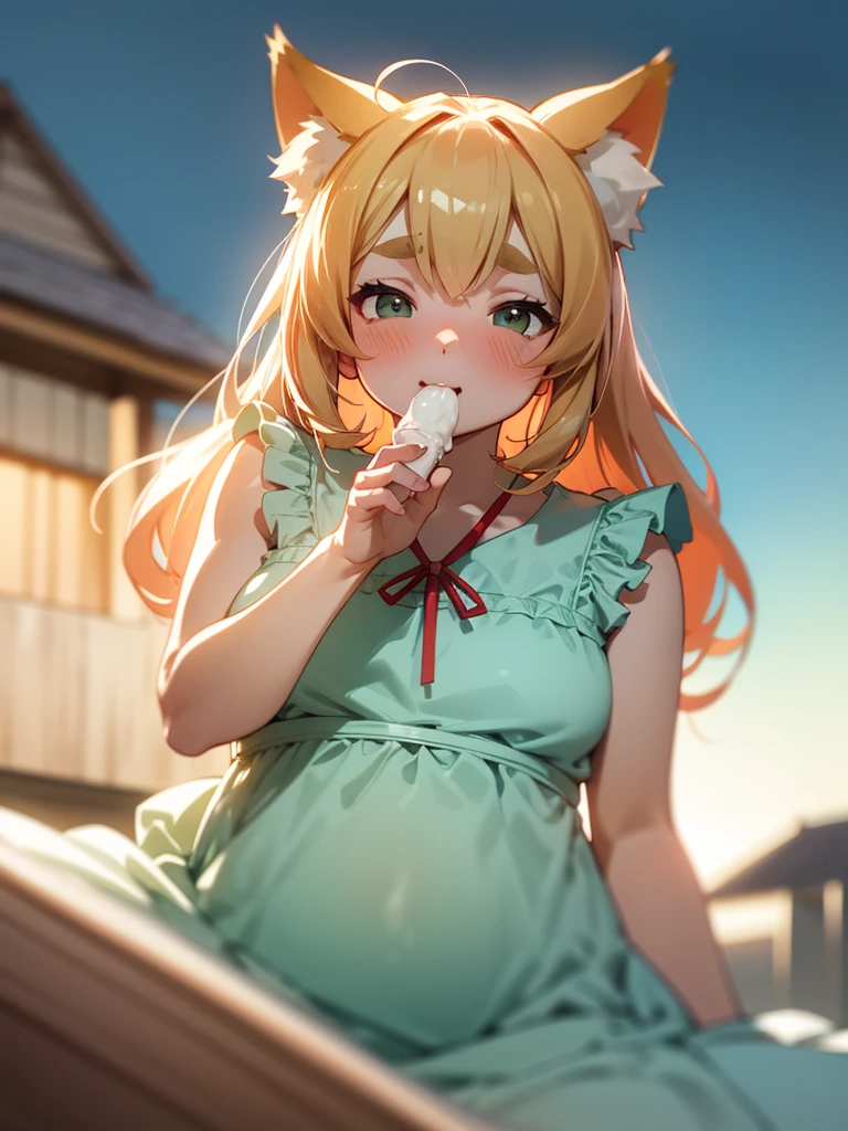 (Sumilux f1.4 24mm , low Latitude old color negative film , cross process , bokeh, flare, chromatic aberration , soft focus, (Shallow focus) , soft glow , Maximum aperture, High Key , Transparent depiction)  , dynamic wide angle , kawaii anime , 2 Girls , fox ear , Thick eyebrows , Swollen cheeks , moist eyes , glossy lips , round face , Summer dress , on the Roof of a house , hill overlooking the sea , Body lines are visible , Eating erect ice cream , Gently wrap your hands around , My heart is beating fast , focus face